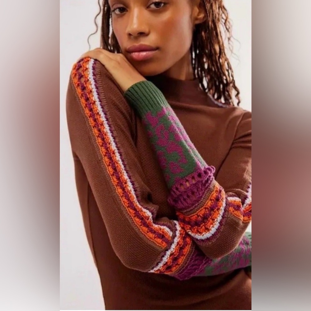 NWT Free People Switch It Up Cuff Dark Brown Thermal Top with Crochet Trim XS